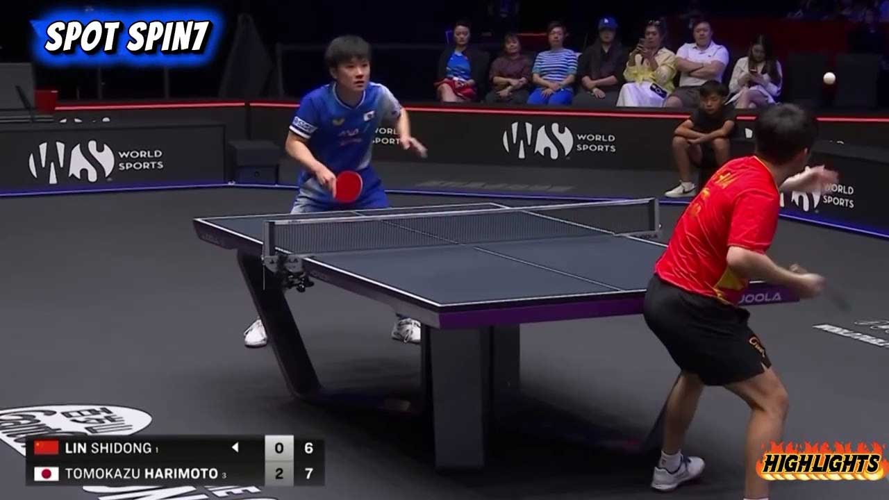 Bằng hệ thống backhand đặc biệt, Harimoto đã phá vỡ hệ thống phòng thủ của Lin Shidong (Ảnh: Sport Spin)